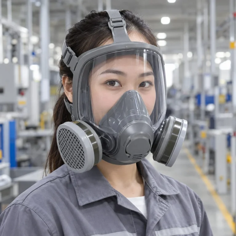 Mặt nạ bảo hộ toàn mặt dây đeo cân bằng nhựa kỹ thuật màu xám lọc hơi hữu cơ trên người mẫu Việt Nam
