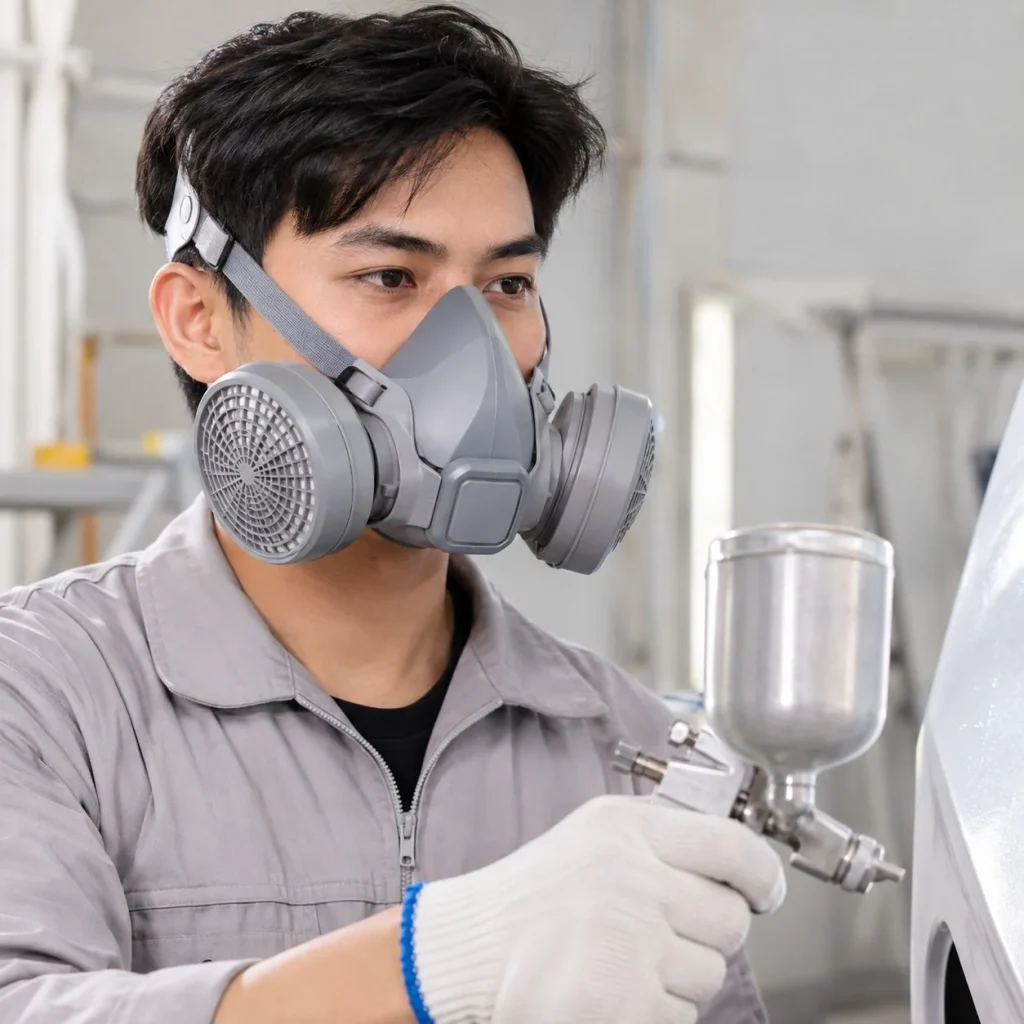 Bộ lọc khí bảo hộ khớp nối đôi nhựa kỹ thuật màu xám phun sơn trên người mẫu Việt Nam