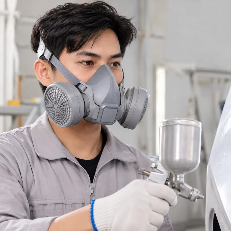Bộ lọc khí bảo hộ khớp nối đôi nhựa kỹ thuật màu xám phun sơn trên người mẫu Việt Nam