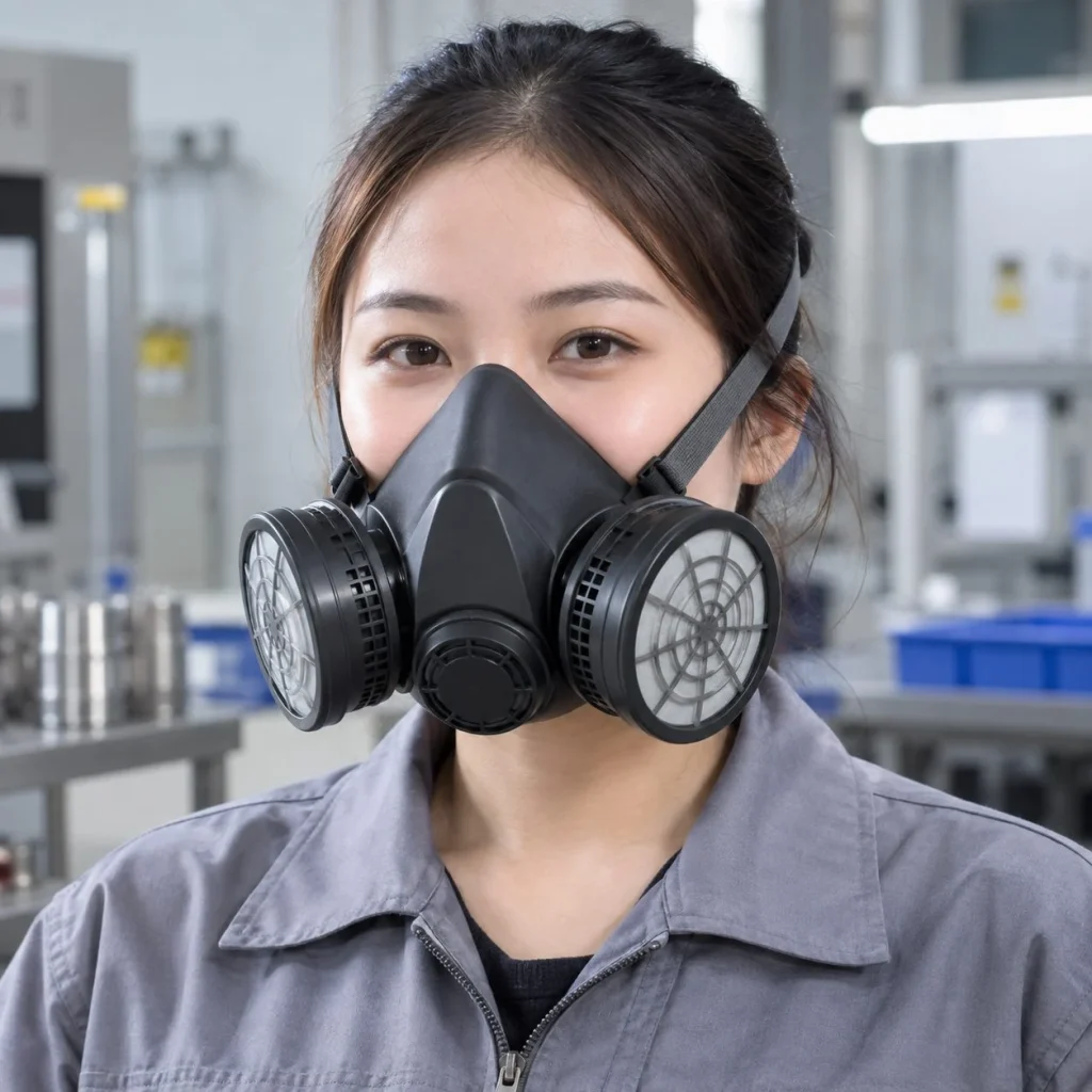 Mặt nạ bảo hộ nửa mặt khớp nối đôi silicone mềm màu đen lọc bụi mịn trên người mẫu Việt Nam