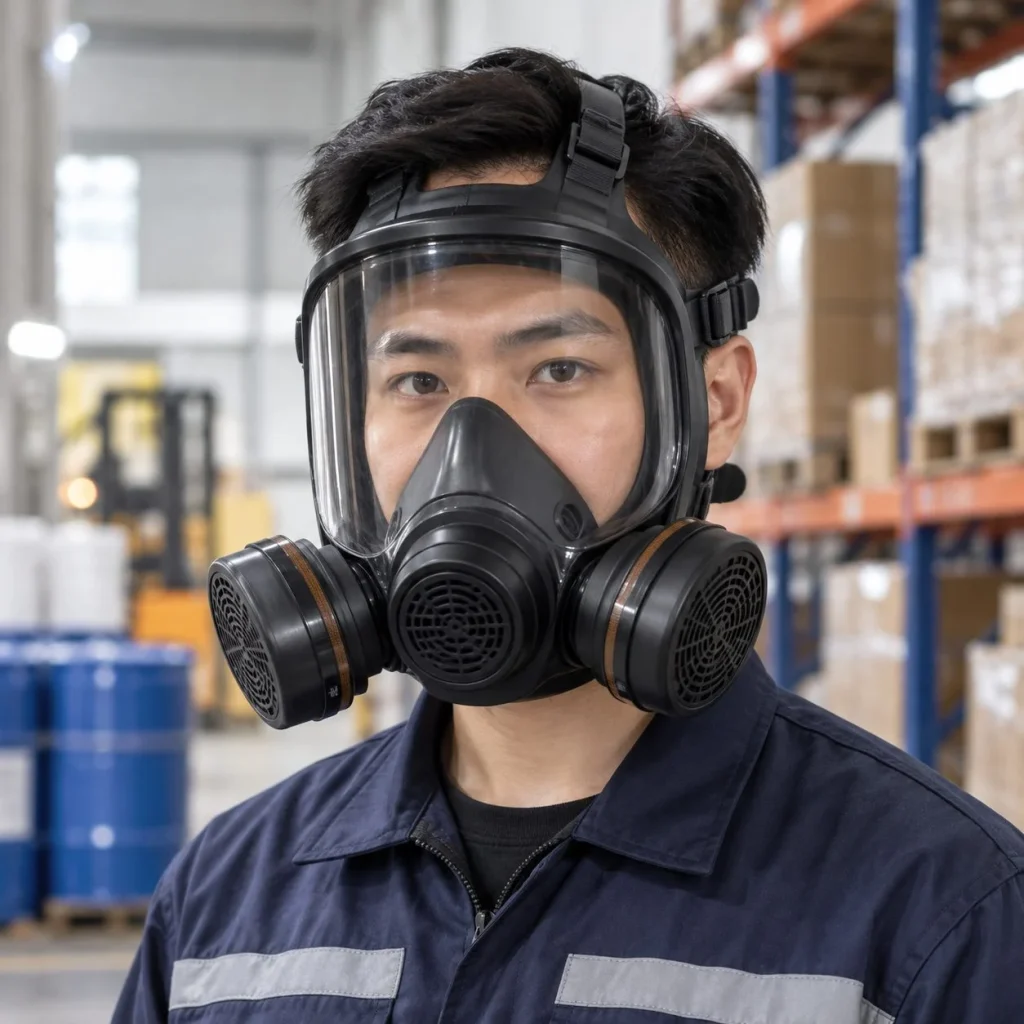 Mặt nạ bảo hộ toàn mặt thiết kế ôm kín silicone mềm màu đen lọc hơi hữu cơ trên người mẫu Việt Nam