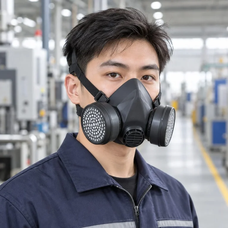 Mặt nạ bảo hộ nửa mặt dây đeo cân bằng cao su đàn hồi màu đen lọc bụi mịn trên người mẫu Việt Nam