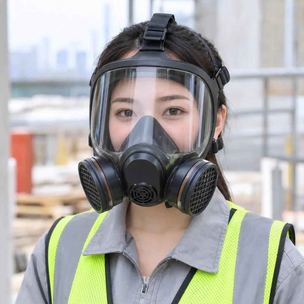 Mặt nạ bảo hộ toàn mặt dây đeo cân bằng cao su đàn hồi màu đen lọc hơi hữu cơ trên người mẫu Việt Nam