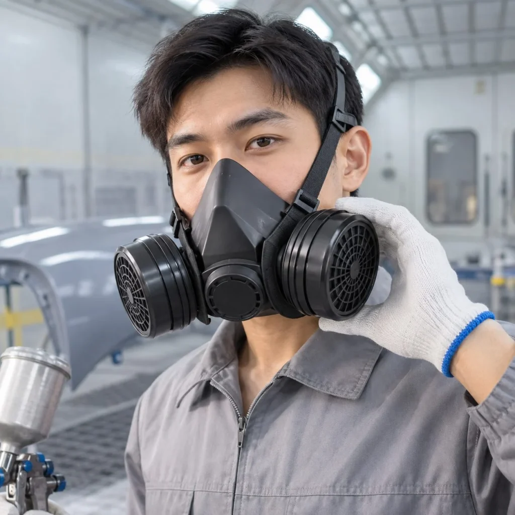 Bộ lọc khí bảo hộ khớp nối đôi cao su đàn hồi màu đen phun sơn trên người mẫu Việt Nam