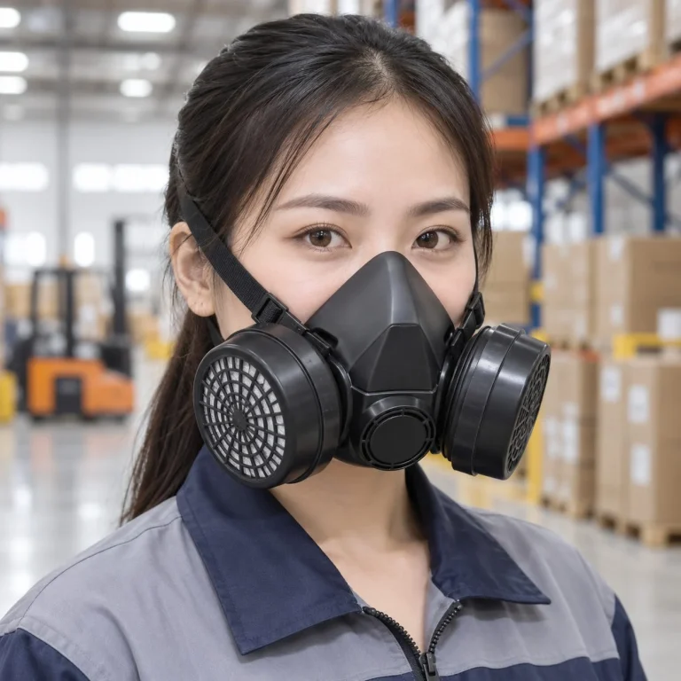 Mặt nạ bảo hộ nửa mặt khớp nối đôi nhựa kỹ thuật màu đen lọc bụi mịn trên người mẫu Việt Nam