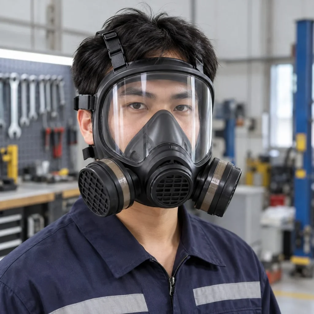 Mặt nạ bảo hộ toàn mặt thiết kế ôm kín nhựa kỹ thuật màu đen lọc hơi hữu cơ trên người mẫu Việt Nam