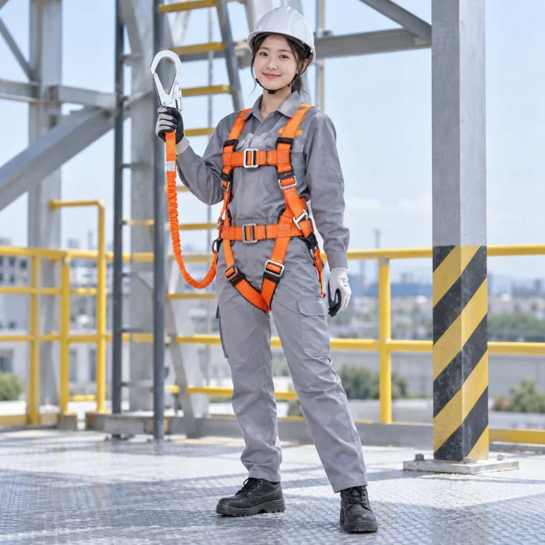 Dây đai an toàn toàn thân một móc lớn sợi polyester màu cam làm việc trên cao trên người mẫu Việt Nam