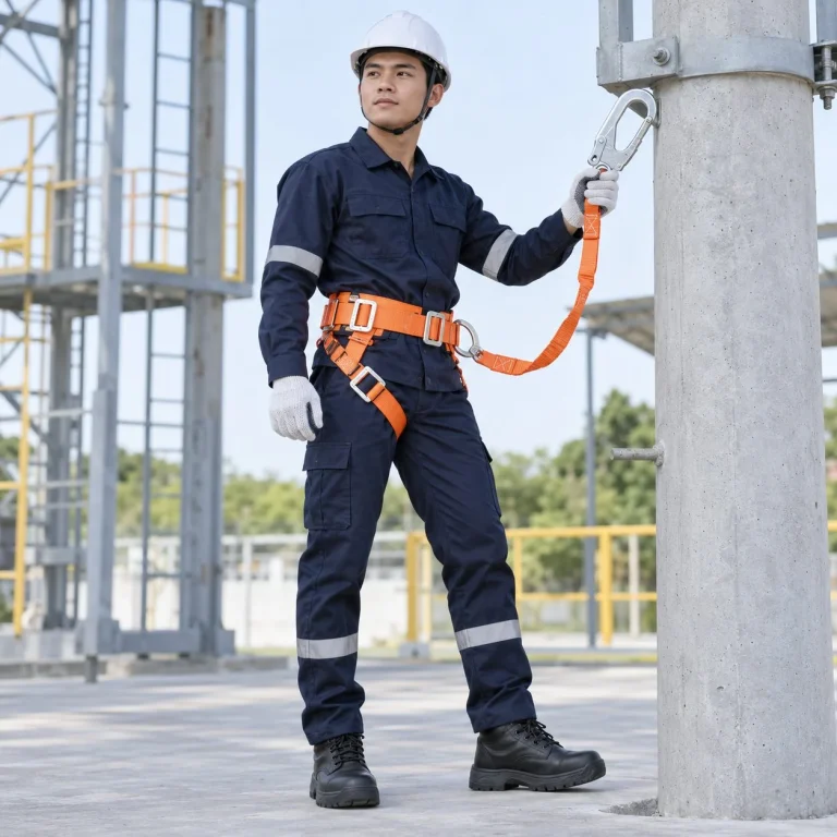 Dây đai an toàn bán thân một móc lớn sợi polyester màu cam leo trụ điện trên người mẫu Việt Nam