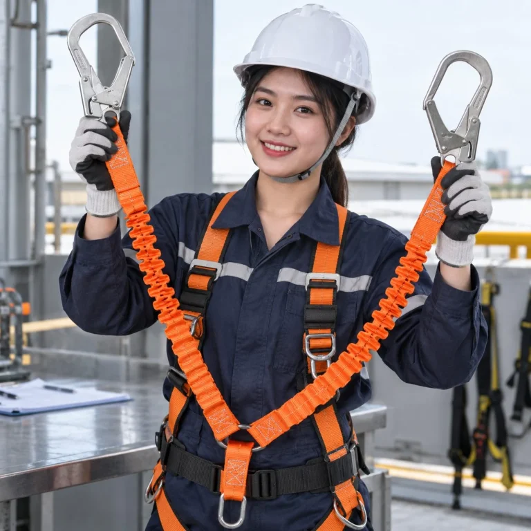 Dây chống sốc chữ Y hai móc lớn sợi polyester màu cam bảo trì mái trên người mẫu Việt Nam