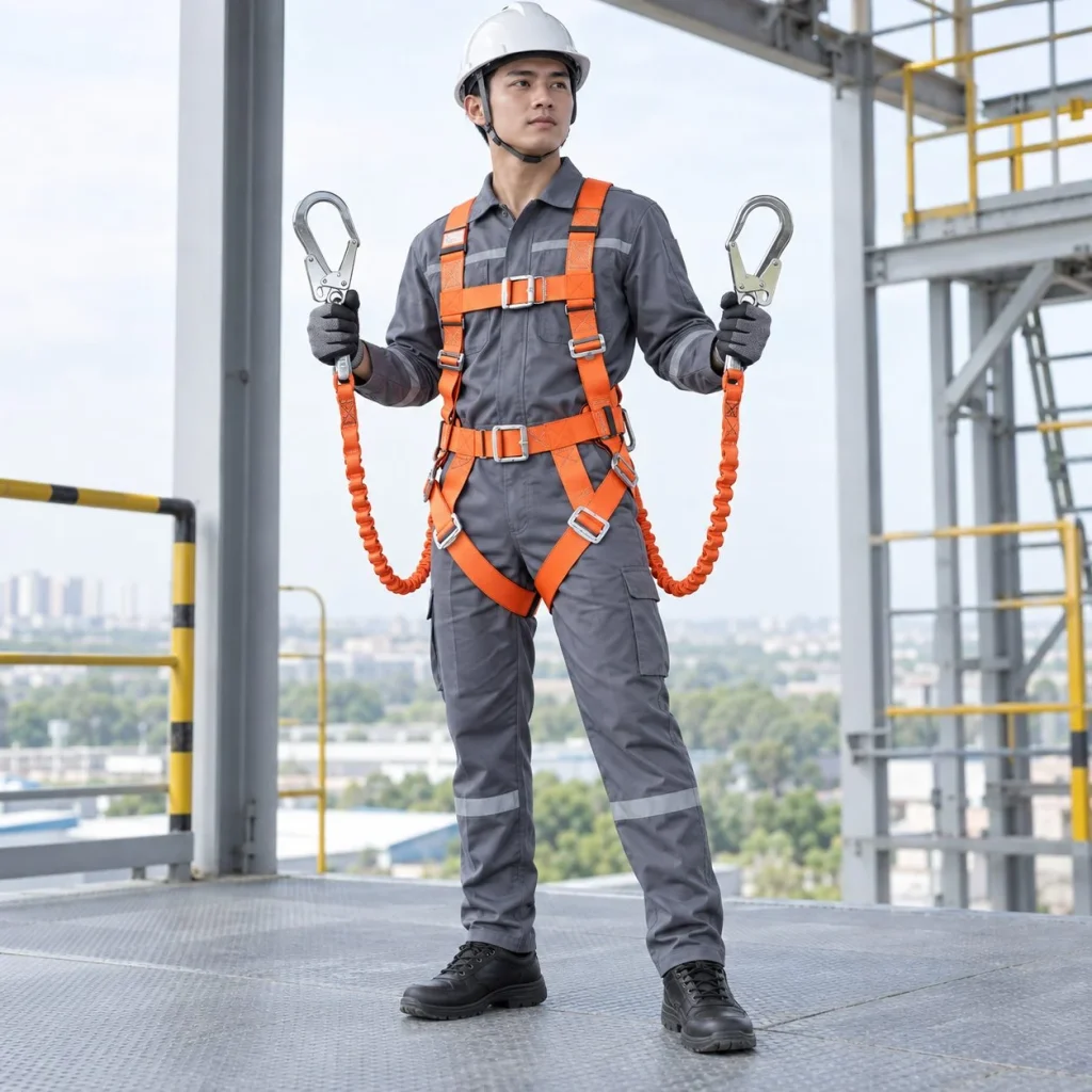 Dây đai an toàn toàn thân hai móc lớn dây dệt cường lực màu cam làm việc trên cao trên người mẫu Việt Nam