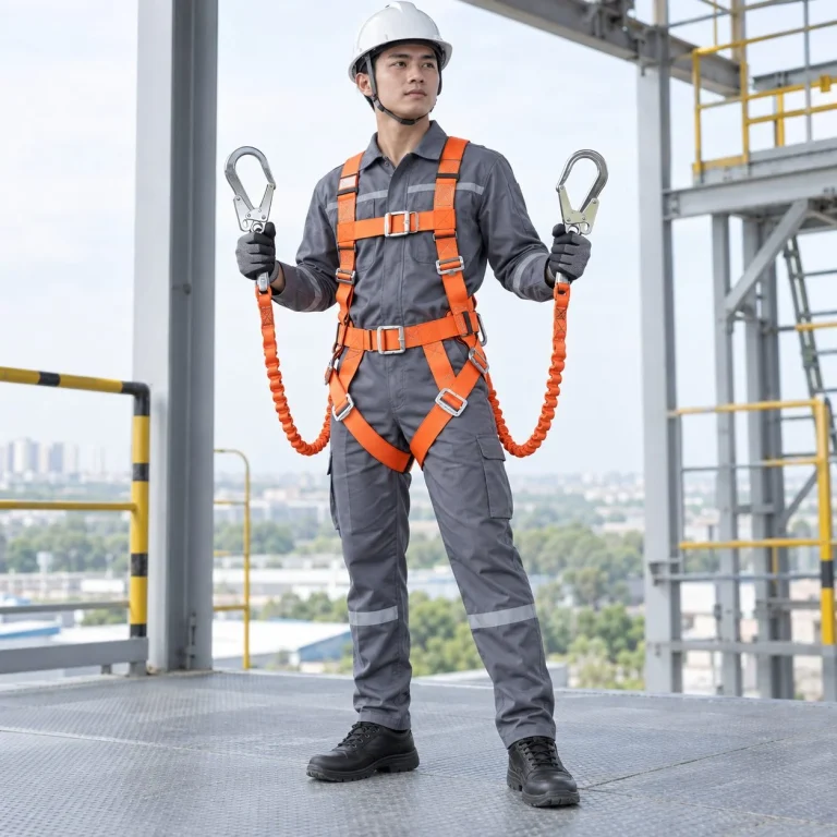 Dây đai an toàn toàn thân hai móc lớn dây dệt cường lực màu cam làm việc trên cao trên người mẫu Việt Nam