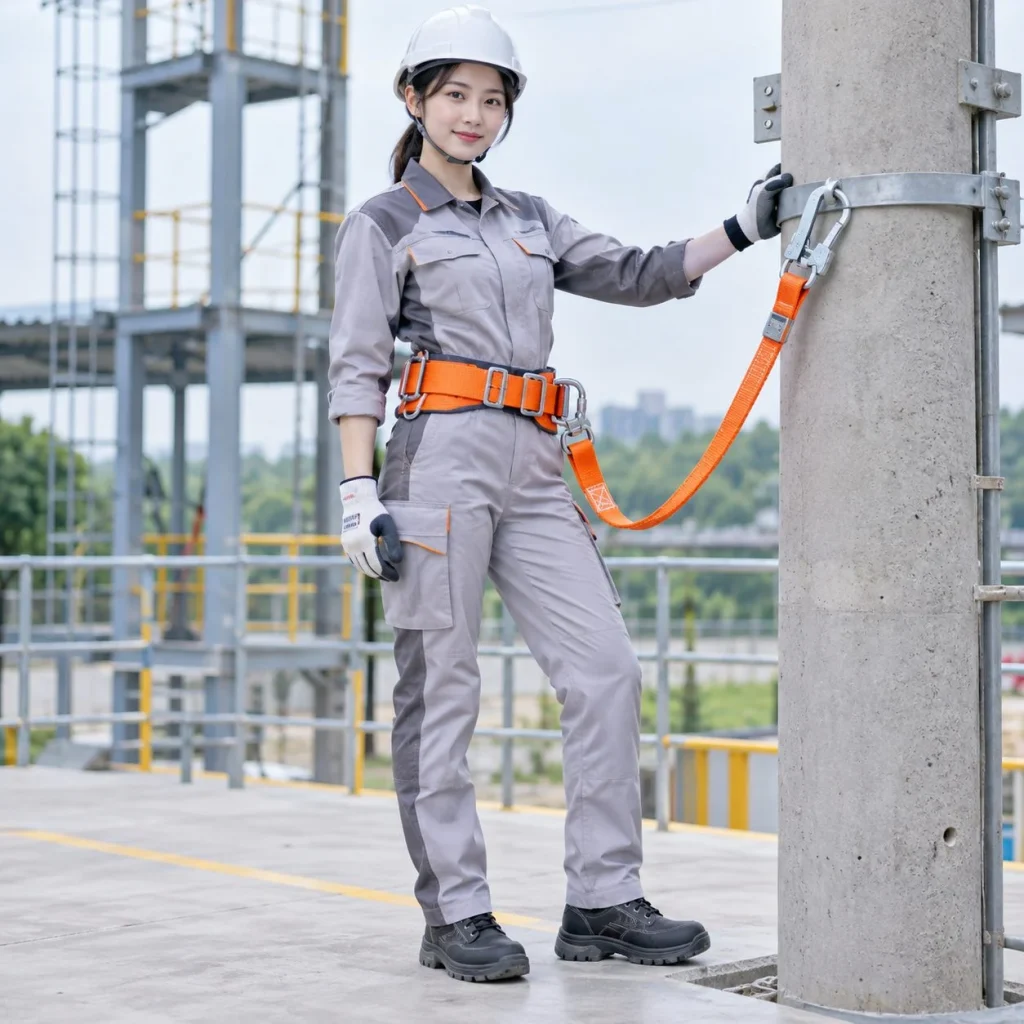 Dây đai an toàn bán thân khóa điều chỉnh nhanh dây dệt cường lực màu cam leo trụ điện trên người mẫu Việt Nam