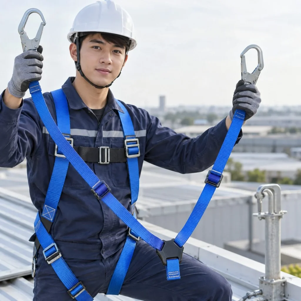 Dây chống sốc chữ Y khóa điều chỉnh nhanh sợi polyester màu xanh dương bảo trì mái trên người mẫu Việt Nam