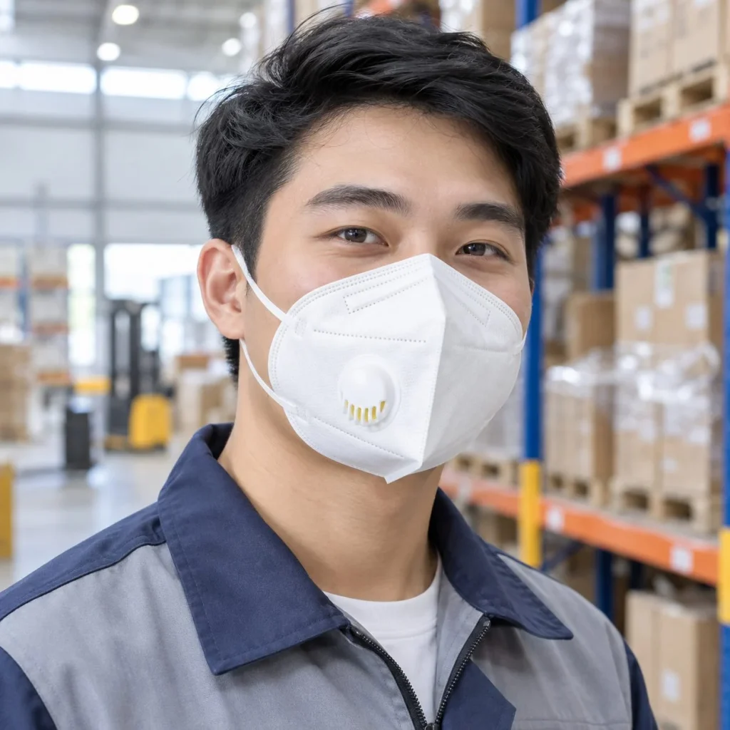Khẩu trang bảo hộ gấp dọc có van thở vải không dệt màu trắng lọc bụi mịn trên người mẫu Việt Nam