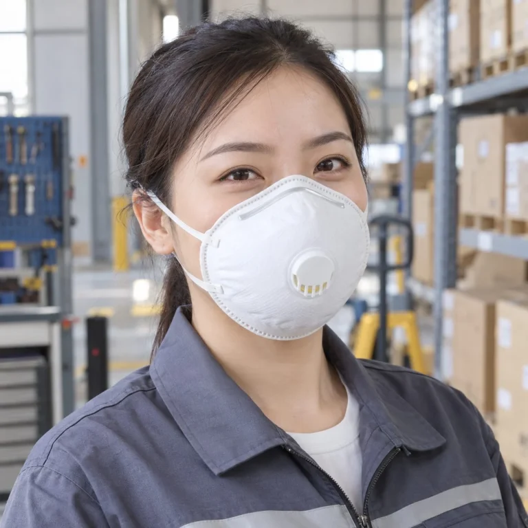 Khẩu trang bảo hộ dạng cốc có van thở vải không dệt màu trắng làm việc trong kho trên người mẫu Việt Nam