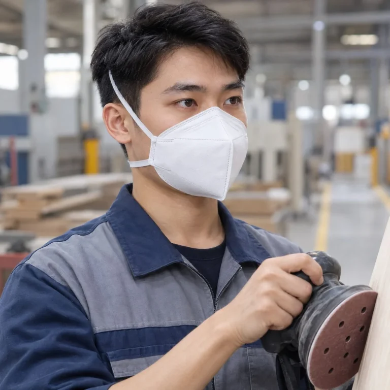 Khẩu trang bảo hộ gấp dọc dây đeo qua đầu lớp lọc tĩnh điện màu trắng dùng khi chà nhám trên người mẫu Việt Nam