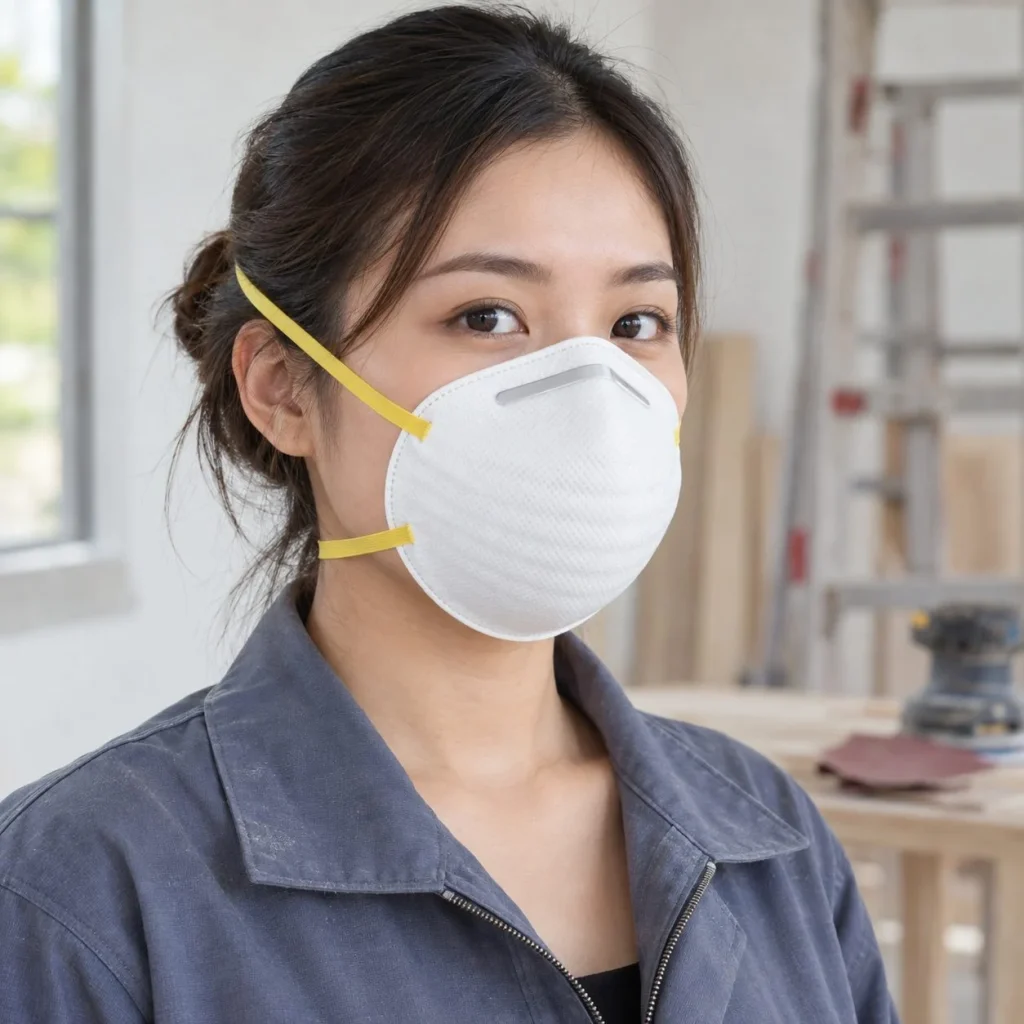 Khẩu trang bảo hộ dạng cốc dây đeo qua đầu lớp lọc tĩnh điện màu trắng dùng khi chà nhám trên người mẫu Việt Nam