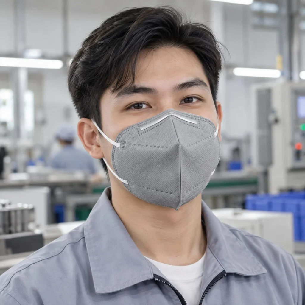 Khẩu trang bảo hộ gấp dọc nẹp mũi mềm vải không dệt màu xám lọc bụi mịn trên người mẫu Việt Nam