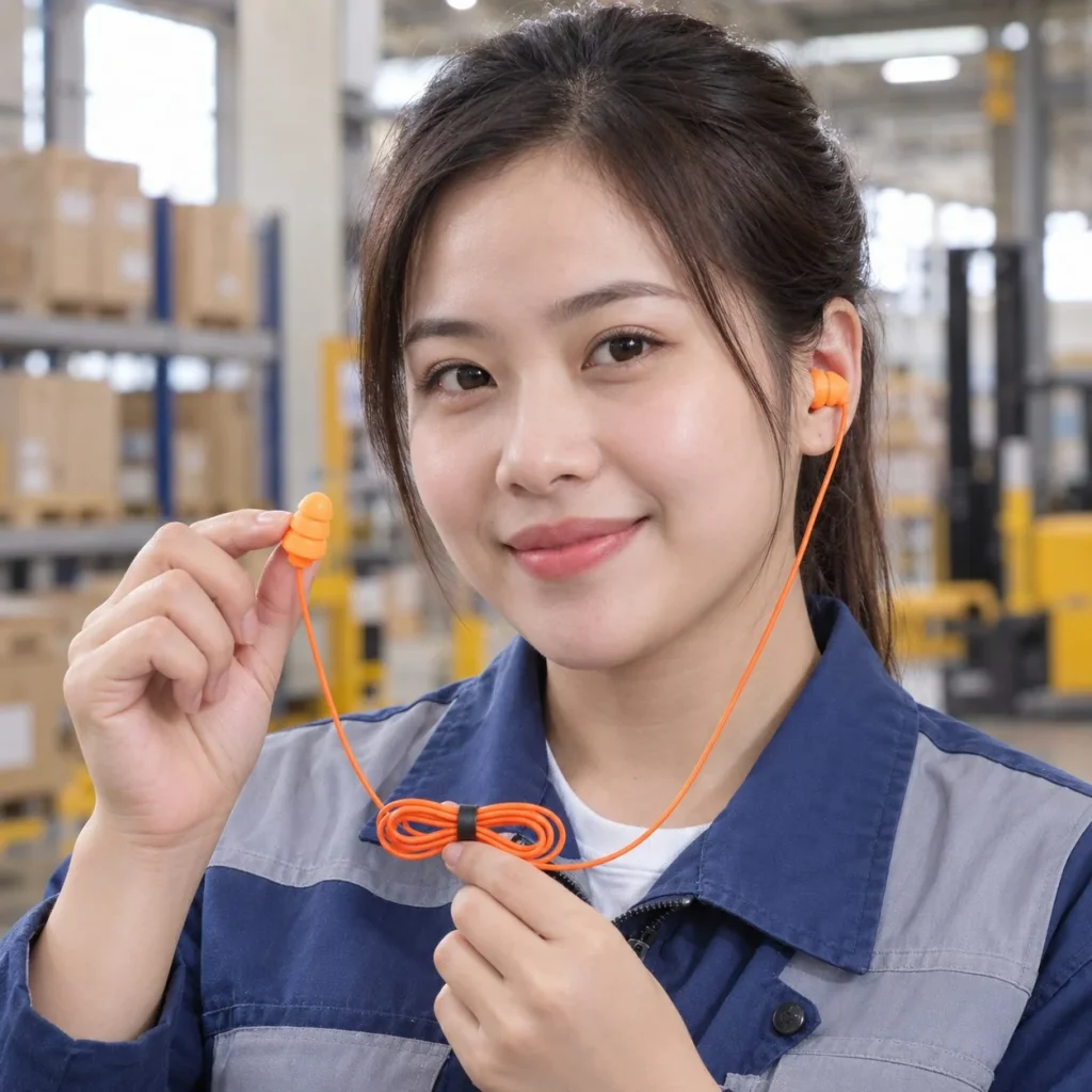 Nút tai chống ồn có dây gấp gọn bọt biển mềm màu cam cho xưởng cơ khí trên người mẫu Việt Nam