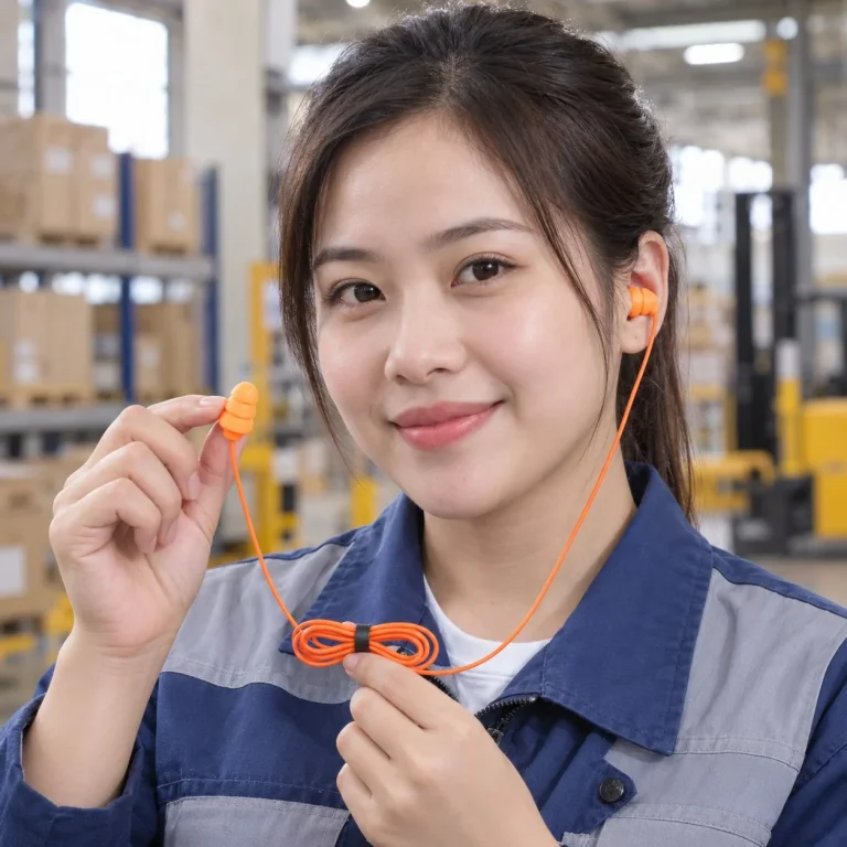 Nút tai chống ồn có dây gấp gọn bọt biển mềm màu cam cho xưởng cơ khí trên người mẫu Việt Nam