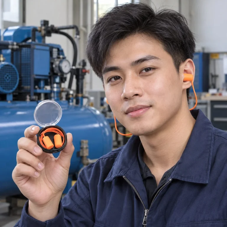 Nút tai chống ồn không dây gấp gọn bọt biển mềm màu cam cho khu vực máy nén khí trên người mẫu Việt Nam