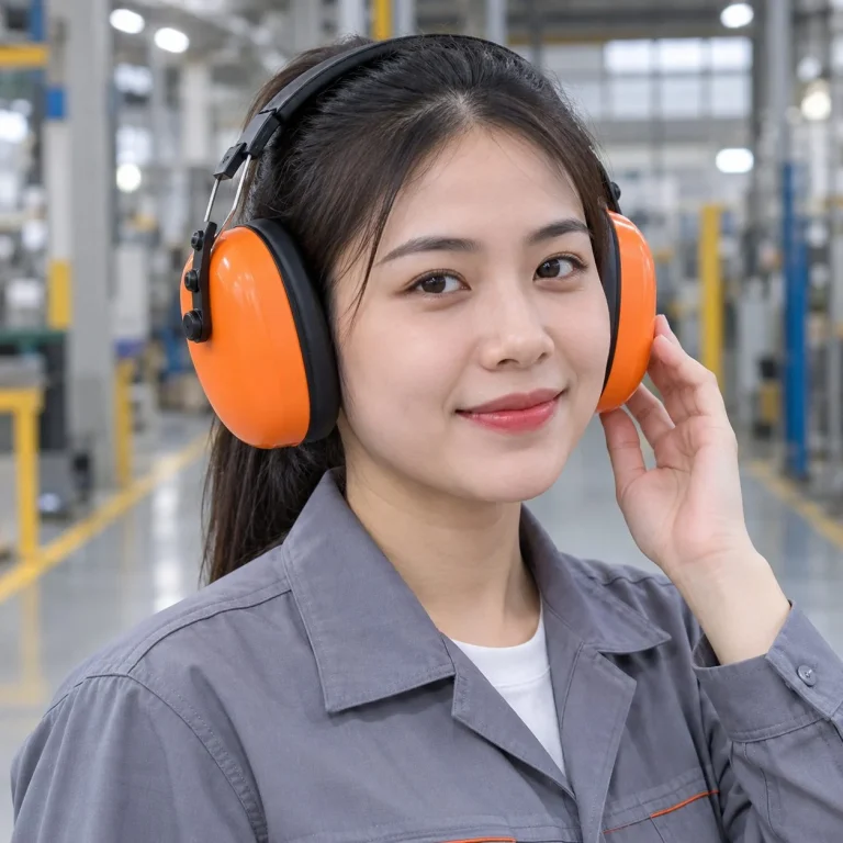Chụp tai chống ồn ôm vành tai bọt biển mềm màu cam cho công trường trên người mẫu Việt Nam