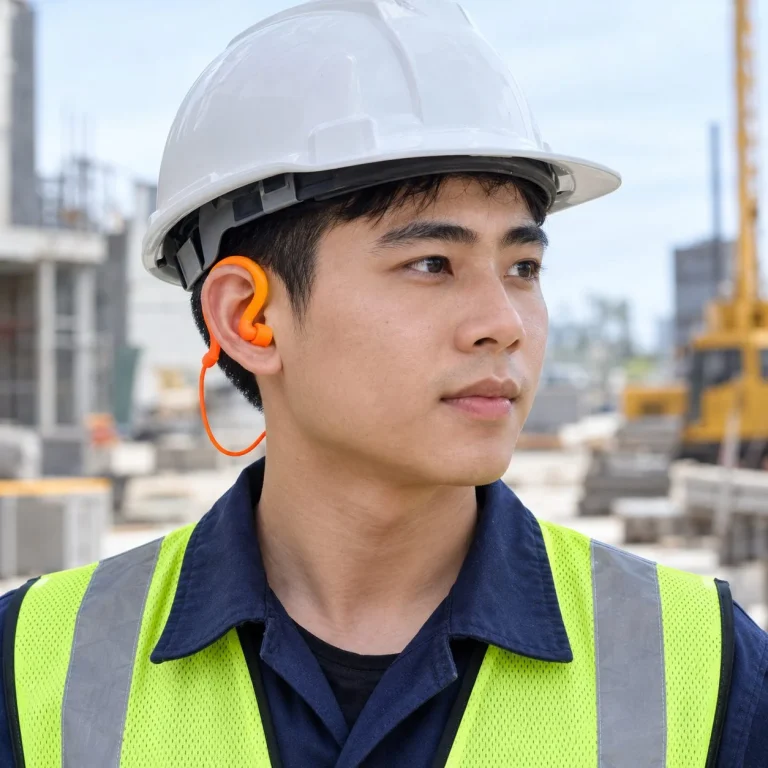 Nút tai chống ồn có dây ôm vành tai silicone dẻo màu cam cho công trường trên người mẫu Việt Nam