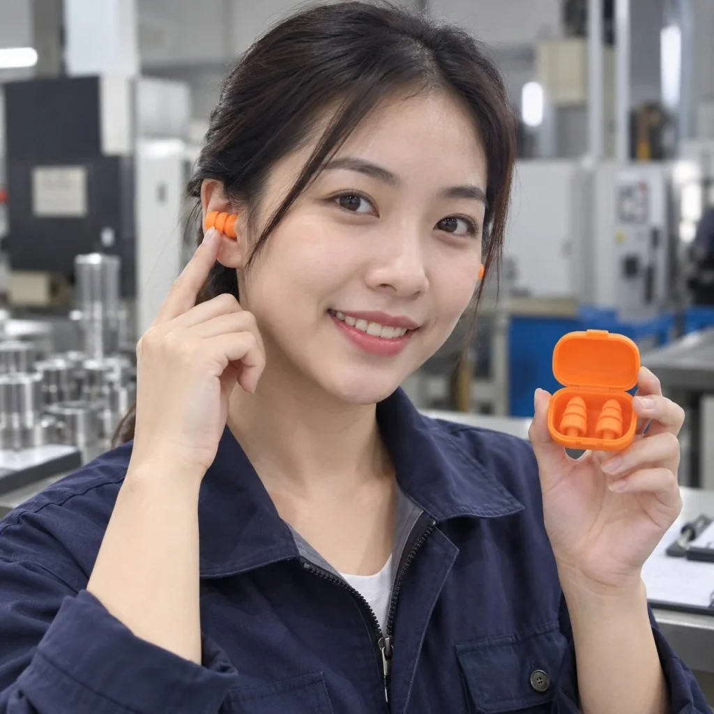 Nút tai chống ồn không dây hộp bảo quản cá nhân silicone dẻo màu cam cho xưởng cơ khí trên người mẫu Việt Nam