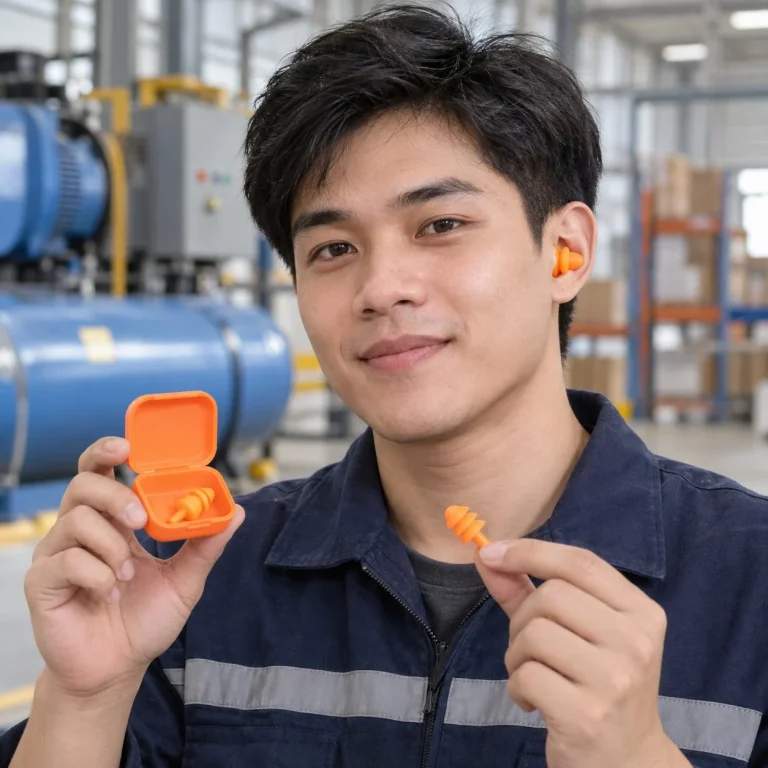 Chụp tai chống ồn hộp bảo quản cá nhân silicone dẻo màu cam cho khu vực máy nén khí trên người mẫu Việt Nam