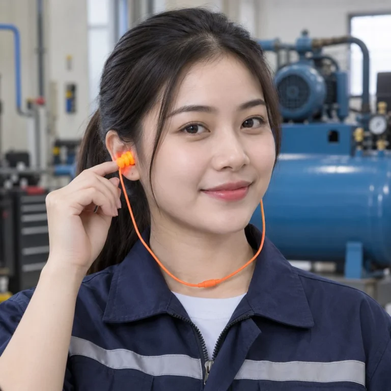 Nút tai chống ồn có dây gấp gọn đệm mút đàn hồi màu cam cho khu vực máy nén khí trên người mẫu Việt Nam