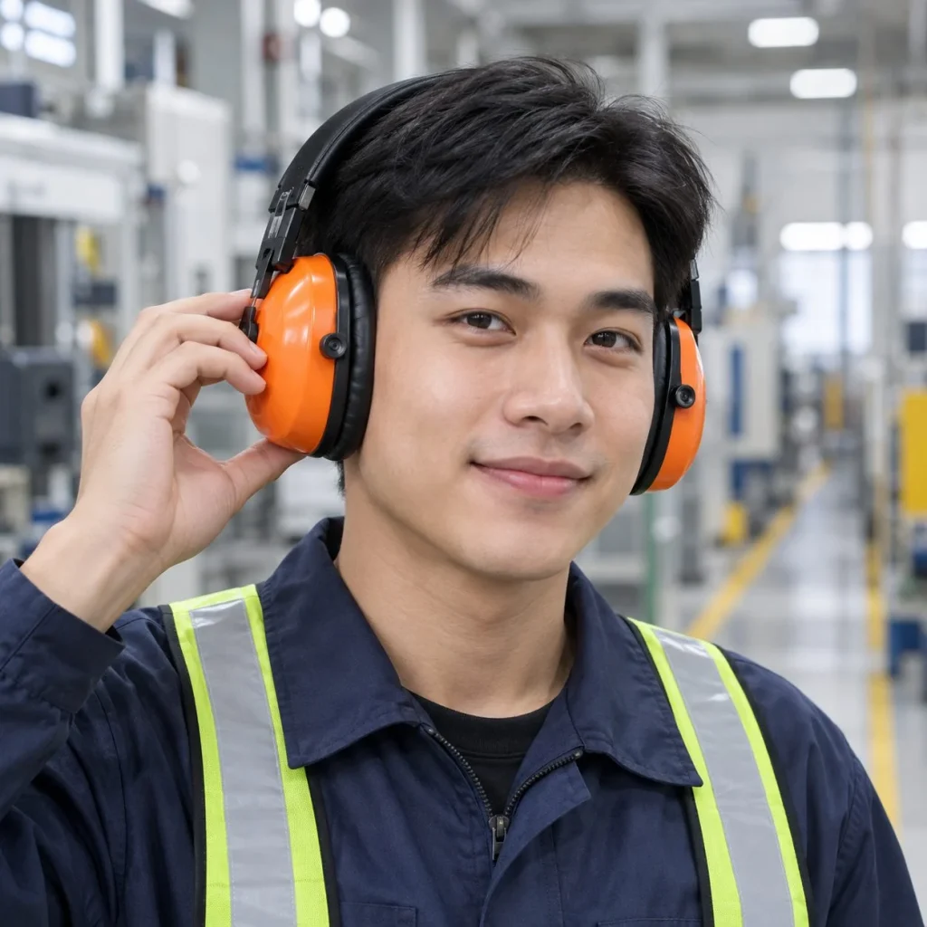 Nút tai chống ồn không dây gấp gọn đệm mút đàn hồi màu cam cho công trường trên người mẫu Việt Nam