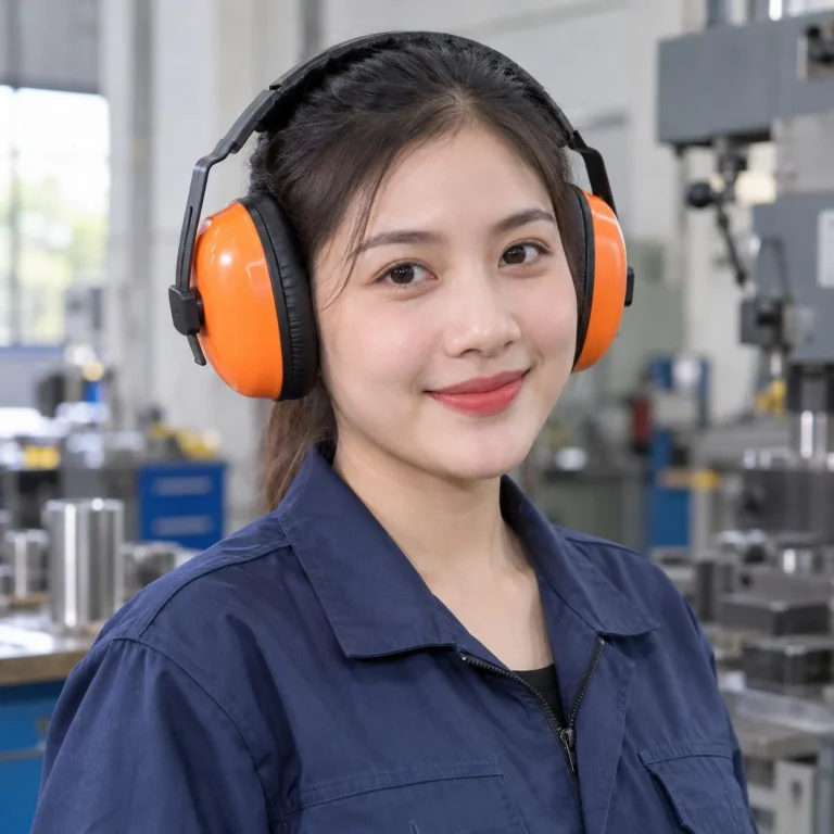 Chụp tai chống ồn ôm vành tai đệm mút đàn hồi màu cam cho xưởng cơ khí trên người mẫu Việt Nam