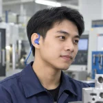 Nút tai chống ồn có dây ôm vành tai bọt biển mềm màu xanh dương cho xưởng cơ khí trên người mẫu Việt Nam
