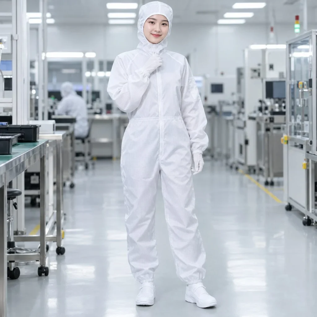 Bộ liền thân phòng sạch khóa kéo kín vải chống tĩnh điện màu trắng cho khu lắp ráp trên người mẫu Việt Nam