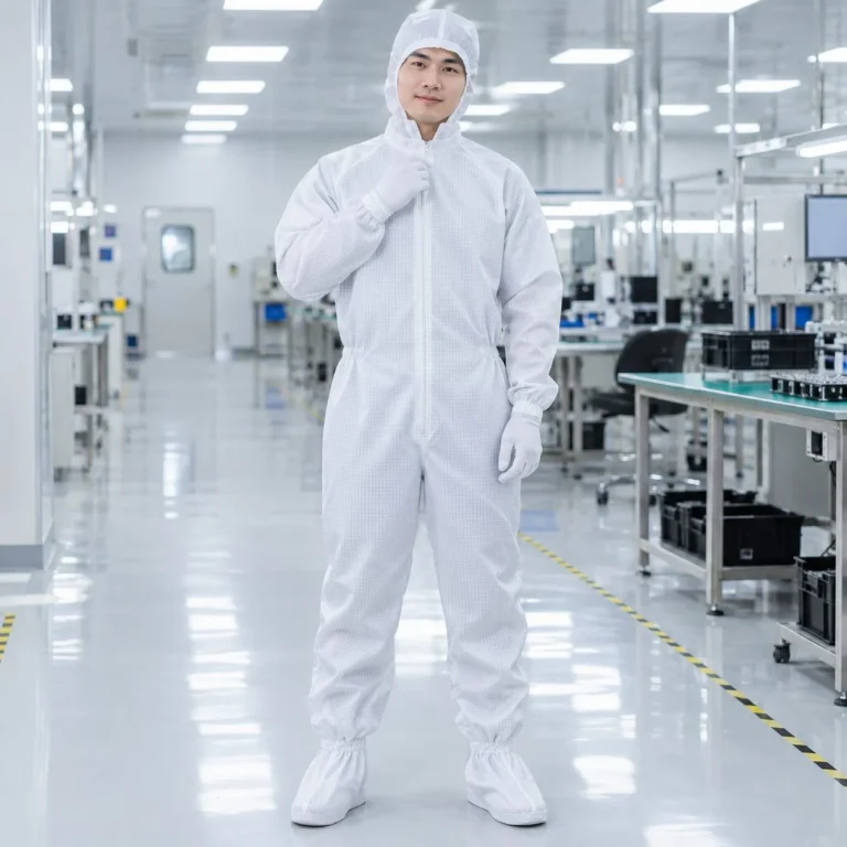 Áo choàng phòng sạch khóa kéo kín vải chống tĩnh điện màu trắng cho khu đóng gói trên người mẫu Việt Nam