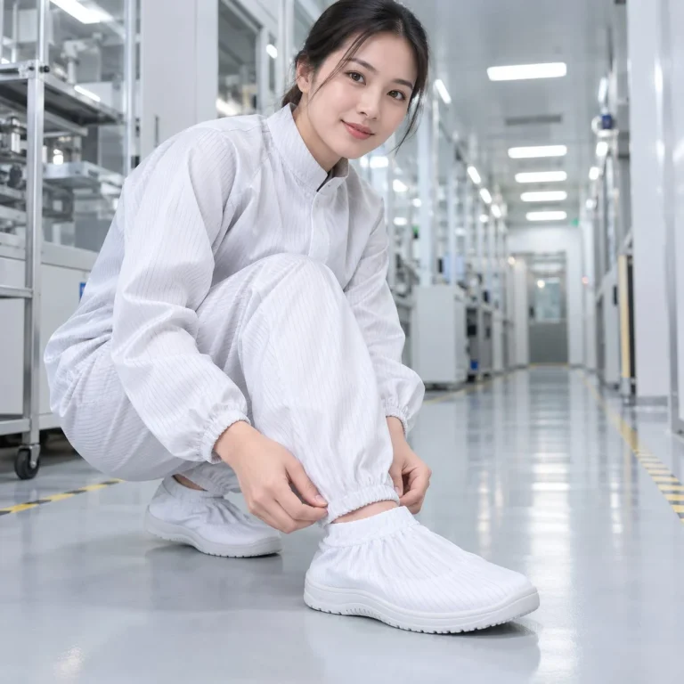 Giày phòng sạch bo chun cổ tay vải chống tĩnh điện màu trắng cho phòng kiểm nghiệm trên người mẫu Việt Nam