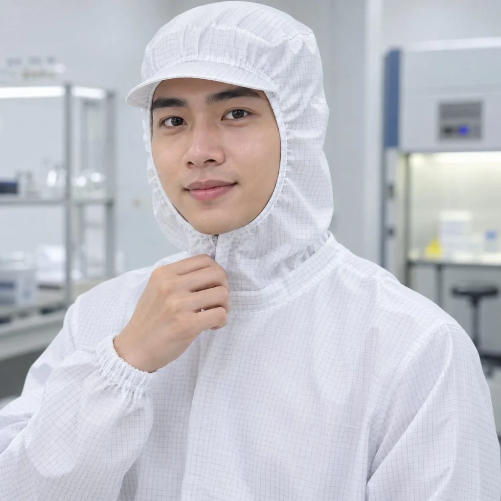 Mũ trùm phòng sạch bo chun cổ tay vải chống tĩnh điện màu trắng cho phòng kiểm nghiệm trên người mẫu Việt Nam