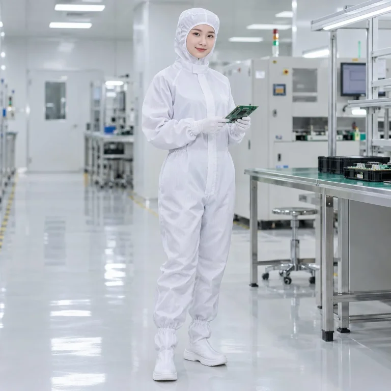 Bộ liền thân phòng sạch đế chống trượt sợi polyester ít bụi màu trắng cho khu lắp ráp trên người mẫu Việt Nam