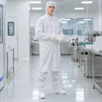 Áo choàng phòng sạch đế chống trượt sợi polyester ít bụi màu trắng cho khu đóng gói trên người mẫu Việt Nam