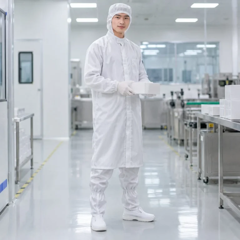 Áo choàng phòng sạch đế chống trượt sợi polyester ít bụi màu trắng cho khu đóng gói trên người mẫu Việt Nam