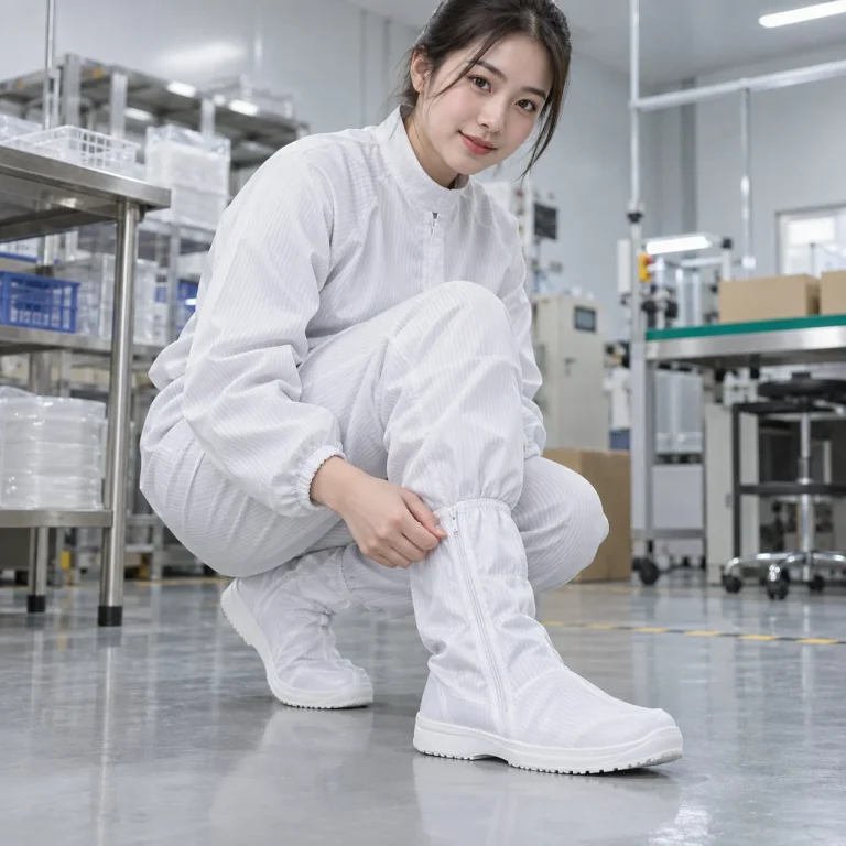 Giày phòng sạch khóa kéo kín sợi polyester ít bụi màu trắng cho khu đóng gói trên người mẫu Việt Nam