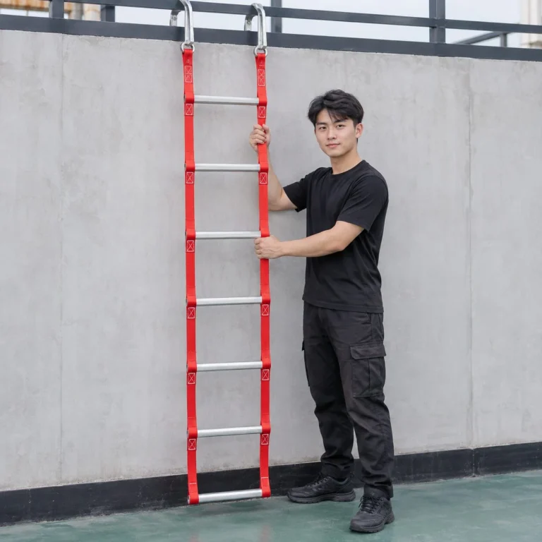 Thang dây thoát hiểm móc thép bản rộng dây polyester cường lực màu đỏ cho nhà phố trên người mẫu Việt Nam