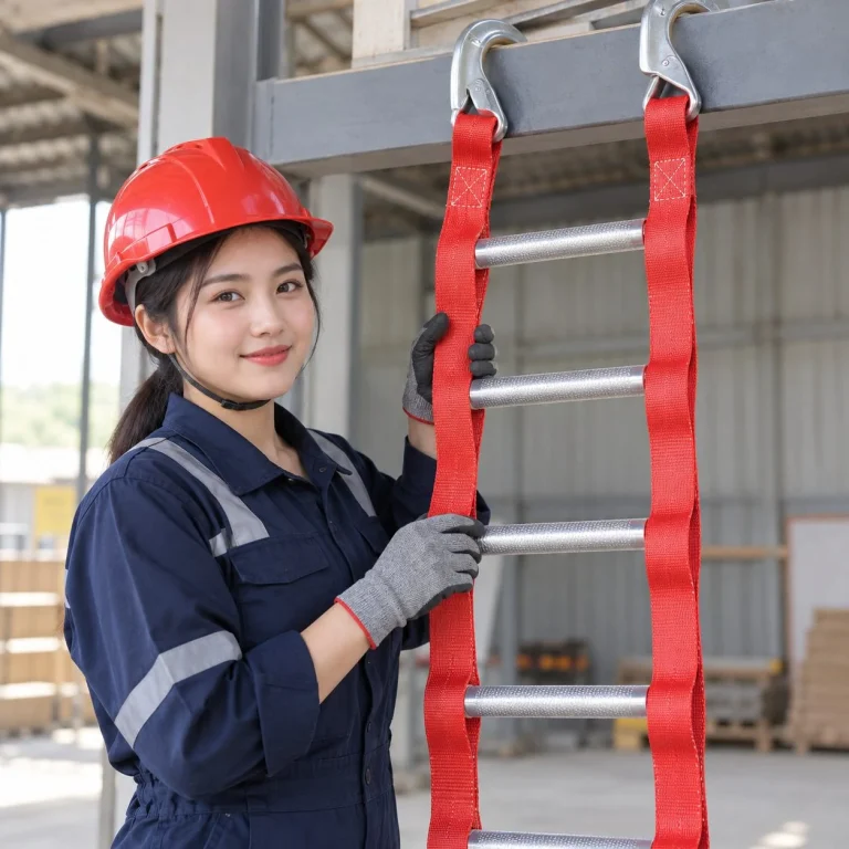 Thang cuốn thoát hiểm móc thép bản rộng dây polyester cường lực màu đỏ cho kho xưởng trên người mẫu Việt Nam