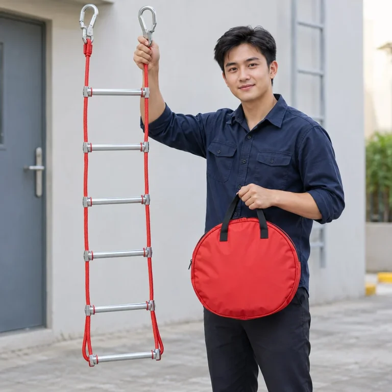 Thang dây thoát hiểm gấp gọn trong túi cáp thép bọc nhựa màu đỏ cho văn phòng trên người mẫu Việt Nam