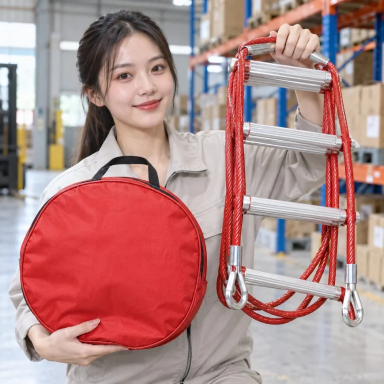 Thang cuốn thoát hiểm gấp gọn trong túi cáp thép bọc nhựa màu đỏ cho văn phòng trên người mẫu Việt Nam