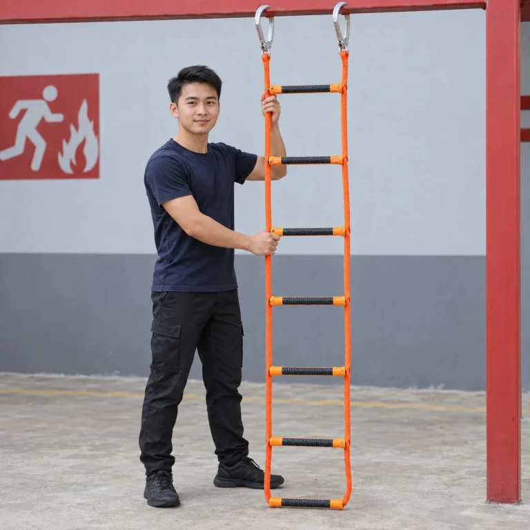 Thang dây thoát hiểm bậc chống trượt dây polyester cường lực màu cam cho nhà phố trên người mẫu Việt Nam