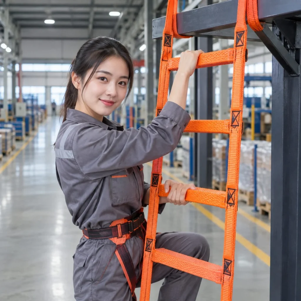 Thang cuốn thoát hiểm bậc chống trượt dây polyester cường lực màu cam cho kho xưởng trên người mẫu Việt Nam