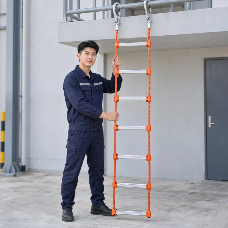 Thang dây thoát hiểm móc thép bản rộng cáp thép bọc nhựa màu cam cho kho xưởng trên người mẫu Việt Nam