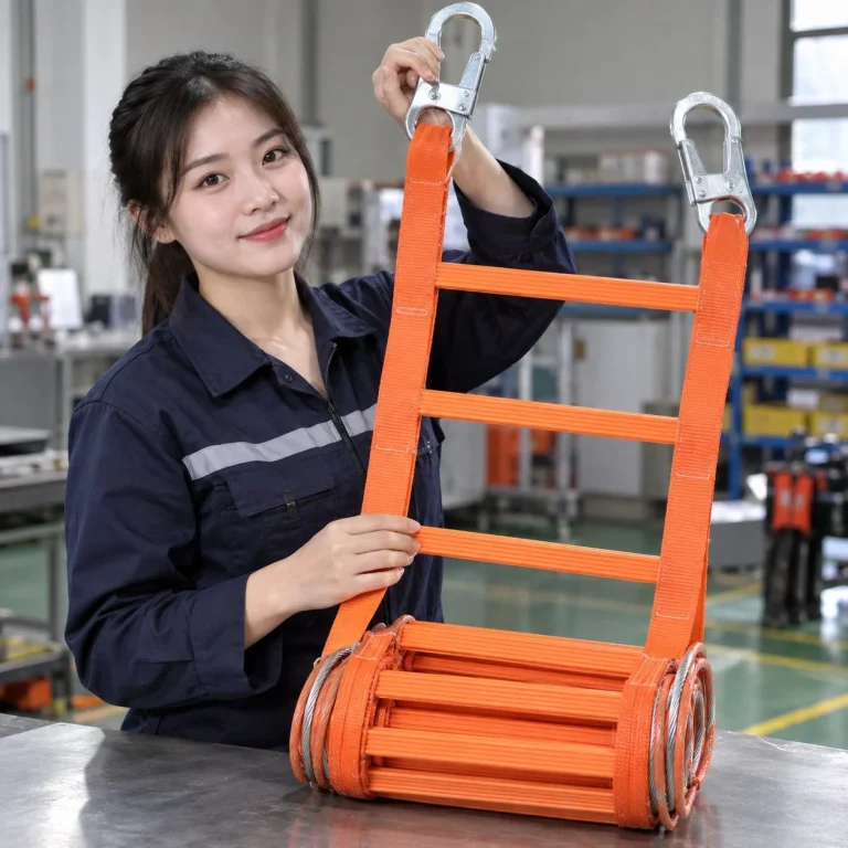 Thang cuốn thoát hiểm móc thép bản rộng cáp thép bọc nhựa màu cam cho văn phòng trên người mẫu Việt Nam