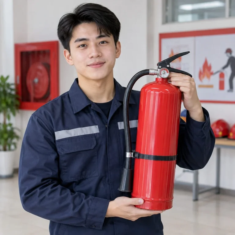 Bình chữa cháy xách tay dễ nhận diện thép sơn tĩnh điện màu đỏ cho văn phòng trên người mẫu Việt Nam